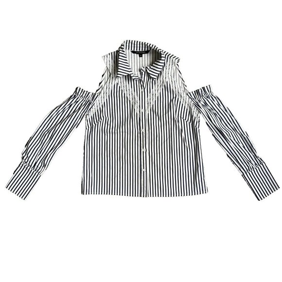 Walter Baker Womens Navy Striped Button Down Shirt M Cold Shoulder Lace Ruffle - Picture 1 of 11